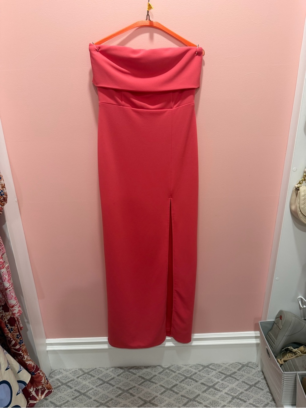 Lulu's Strapless Coral Pink Maxi Dress with Front Slit
